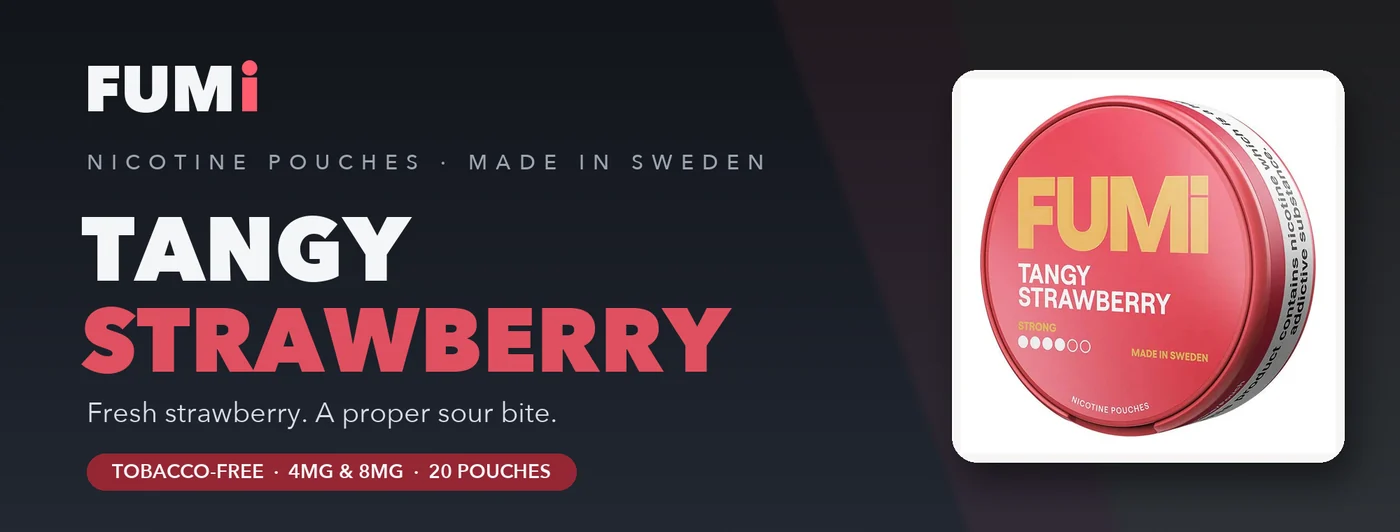 Fumi Tangy Strawberry nicotine pouches banner with the red slim can, fresh strawberry and a sour bite