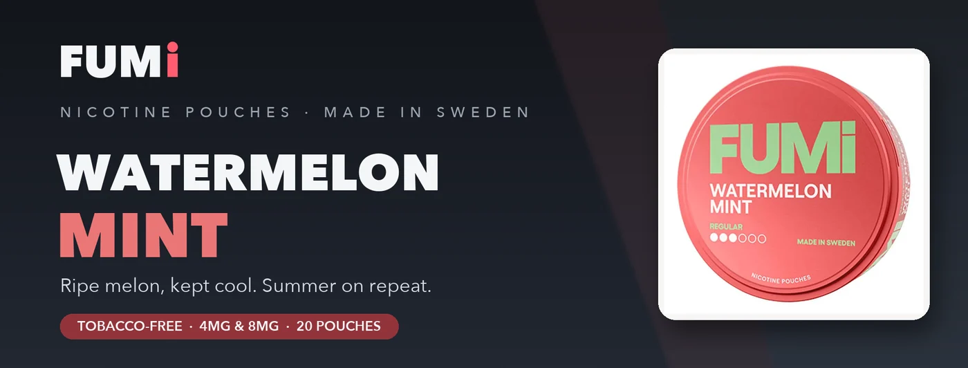 Fumi Watermelon Mint nicotine pouches banner with the coral slim can, ripe melon kept cool by soft mint