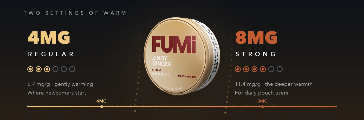 Fumi Zingy Ginger 4mg regular and 8mg strong compared side by side with nicotine strength dots