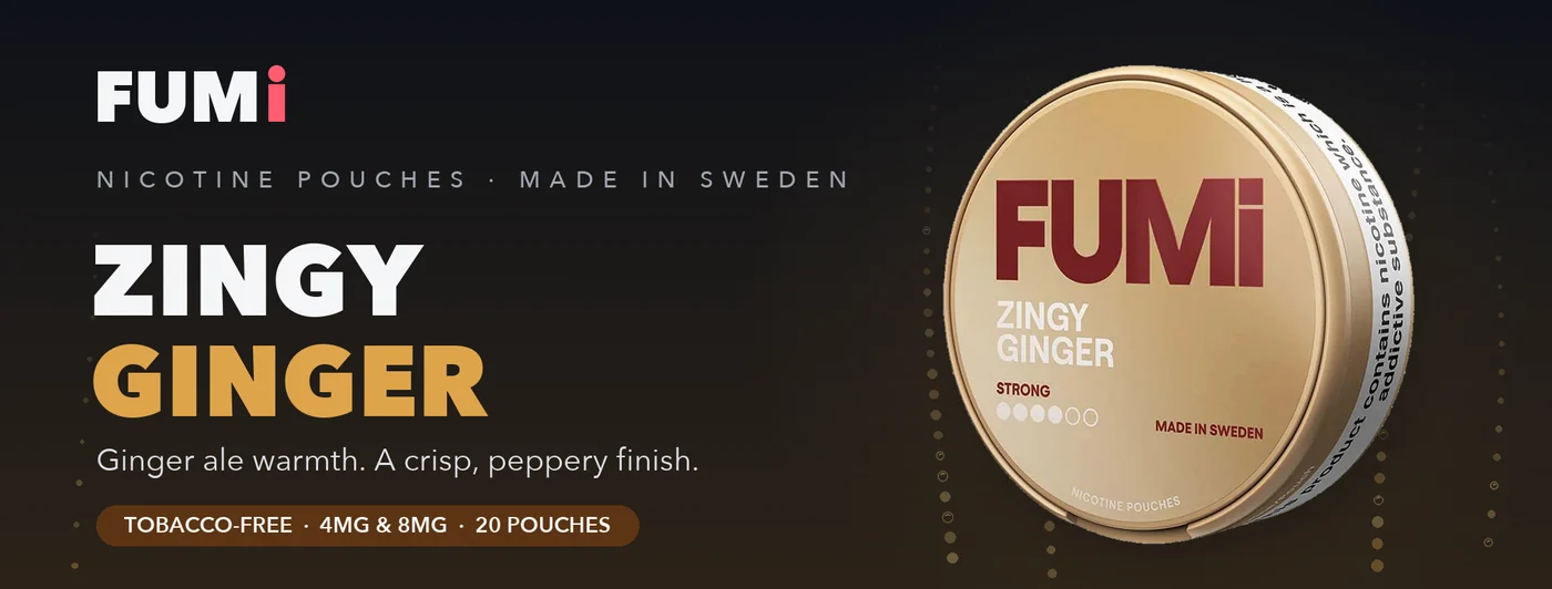 Fumi Zingy Ginger nicotine pouches banner with the gold can rising through amber ginger ale bubbles