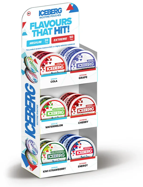 Iceberg nicotine pouches counter display unit with Medium 20mg and Extreme 50mg badges holding Cola, Grape, Watermelon, Cherry, Kiwi Strawberry and Energy cans