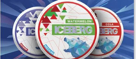Iceberg nicotine pouches official Flavours That Hit poster with Watermelon Medium, Grape Extreme and Cola cans and the Medium 20mg and Extreme 50mg strength badges