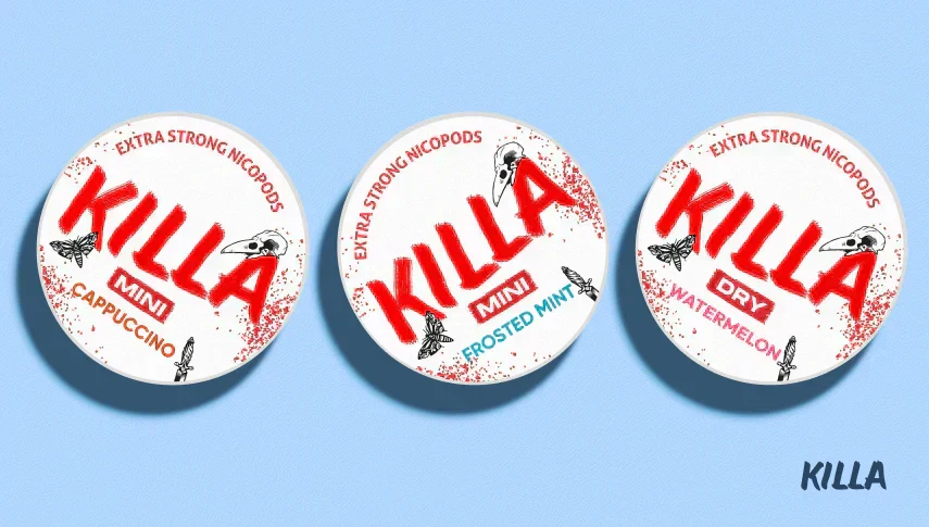 Killa Mini and Killa Dry nicotine pouch cans, two Killa ranges we do not stock