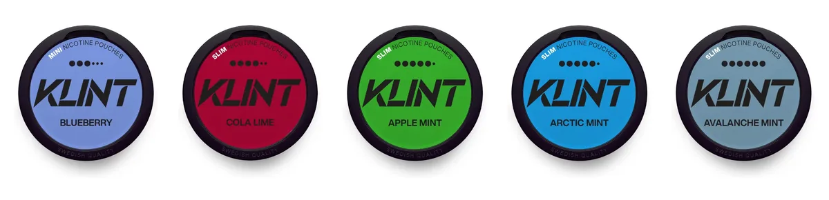 Five official Klint nicotine pouch lids showing the six-dot strength rating: Blueberry mini with three dots, Cola Lime with four, Apple Mint and Arctic Mint with five and Avalanche Mint with all six