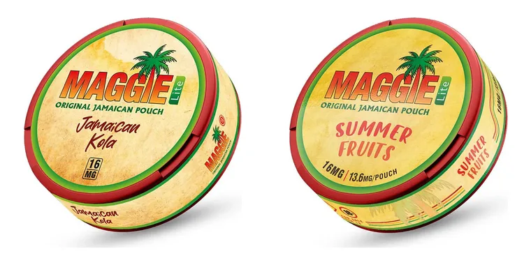 Two Maggie Lite cans side by side: Jamaican Kola with the older boxed 16 MG label and Summer Fruits with the newer 16MG and 13.6MG per pouch line