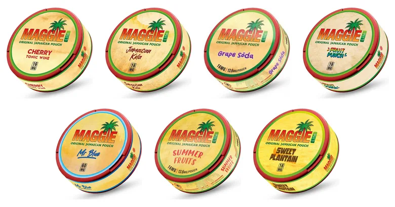 All seven Maggie nicotine pouch flavours: Cherry Tonic Wine, Jamaican Kola, Grape Soda, Fruit Punch, Mr Blue, Summer Fruits and Sweet Plantain official cans