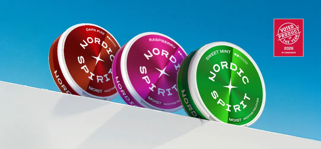 Nordic Spirit Dark Fizz, Raspberry and Sweet Mint cans in the 2026 packaging with the Product of the Year 2026 roundel
