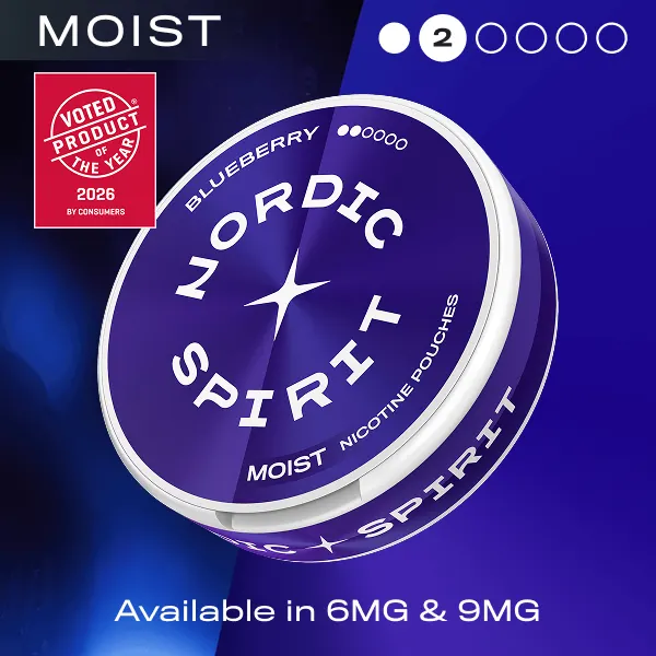 Nordic Spirit Blueberry Moist nicotine pouches can, 2 dot Regular, available in 6mg and 9mg