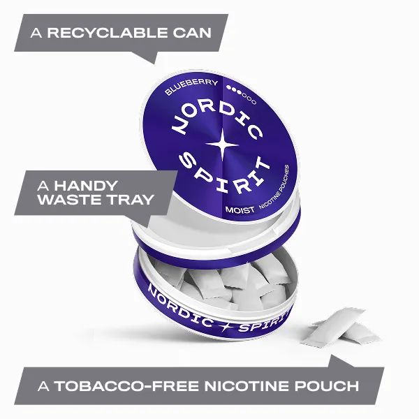 Open Nordic Spirit Blueberry can showing soft white Moist nicotine pouches and waste tray lid
