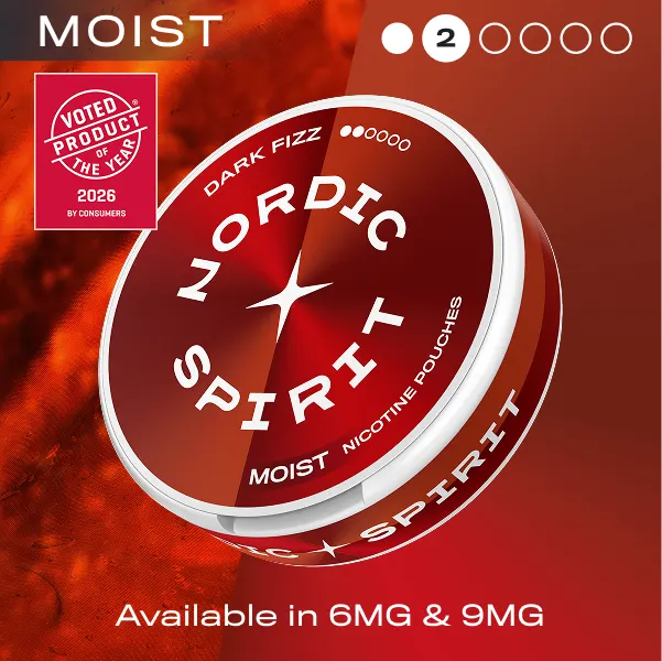 Nordic Spirit Dark Fizz Moist nicotine pouches can, 2 dot Regular, available in 6mg and 9mg