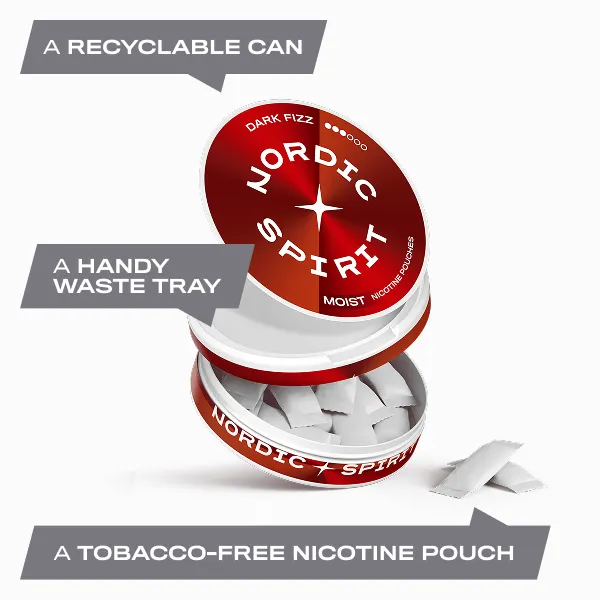 Open Nordic Spirit Dark Fizz can showing soft white Moist nicotine pouches and catch lid waste tray