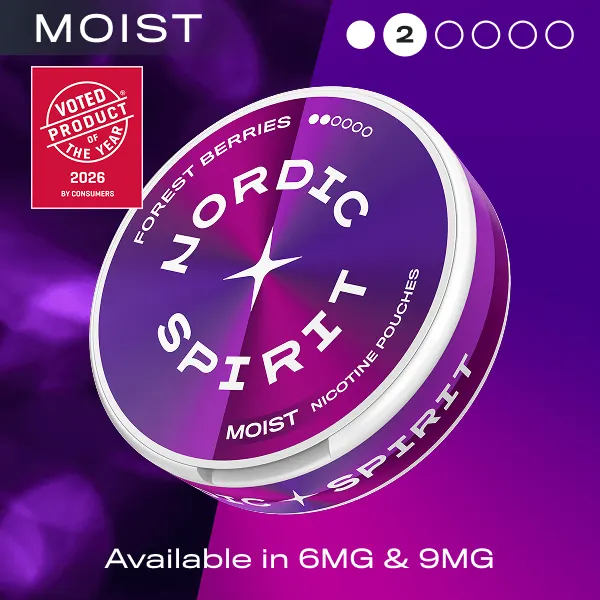 Nordic Spirit Forest Berries Moist nicotine pouches can, 2 dot Regular, available in 6mg and 9mg