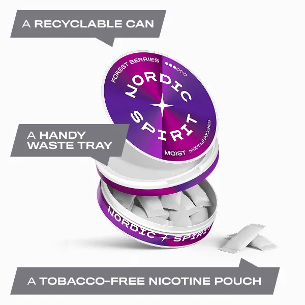 Open Nordic Spirit Forest Berries can showing soft white Moist nicotine pouches and catch lid