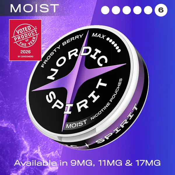 Nordic Spirit Frosty Berry Max 17mg Moist nicotine pouch can with 6 dot strength scale