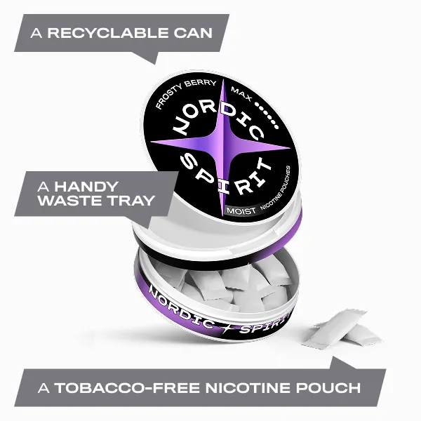 Open Nordic Spirit Frosty Berry Max can showing white 17mg nicotine pouches and waste tray