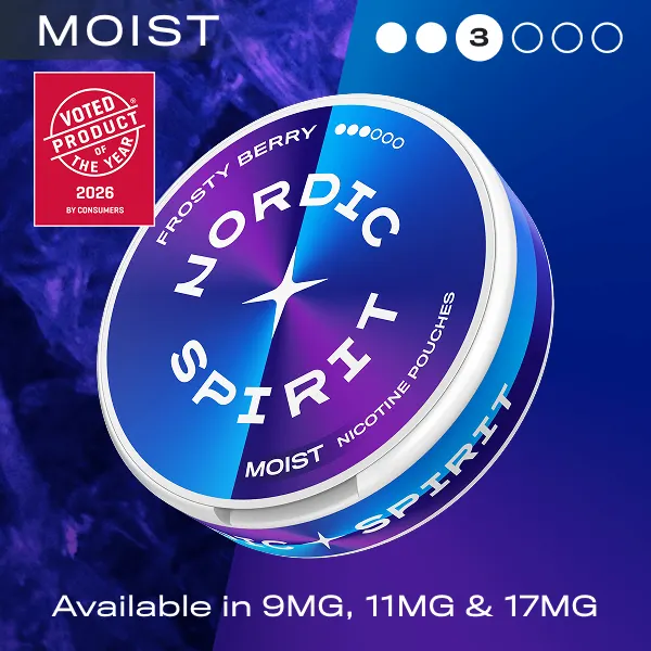 Nordic Spirit Frosty Berry Moist nicotine pouches can, 3 dot Strong, Product of the Year 2026 roundel