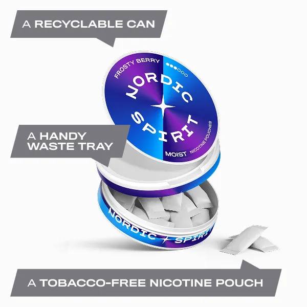 Open Nordic Spirit Frosty Berry can showing soft white Moist nicotine pouches and catch lid waste tray