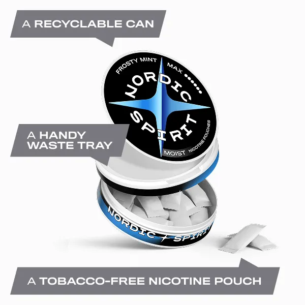 Open Nordic Spirit Frosty Mint Max can showing white 17mg nicotine pouches and waste tray lid
