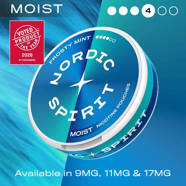 Nordic Spirit Frosty Mint Moist nicotine pouches can, 4 dot X-Strong, Product of the Year 2026 roundel