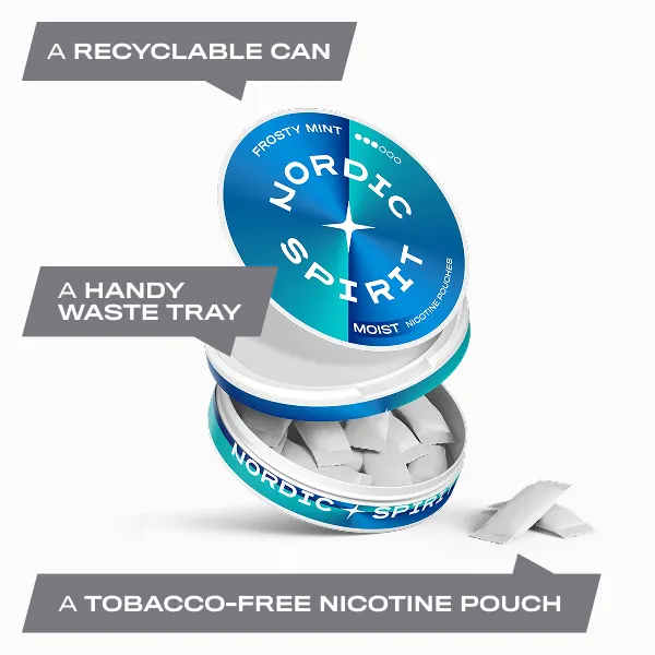 Open Nordic Spirit Frosty Mint can showing soft white Moist nicotine pouches and the waste tray lid