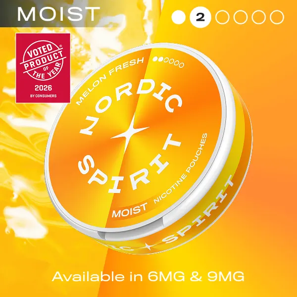 Nordic Spirit Melon Fresh Moist nicotine pouches can, 2 dot Regular, available in 6mg and 9mg