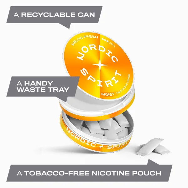 Open Nordic Spirit Melon Fresh can showing soft white Moist nicotine pouches and catch lid