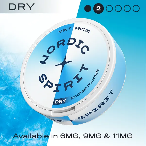 Nordic Spirit Mint Dry nicotine pouches can with 2 dot strength scale, available in 6mg, 9mg and 11mg