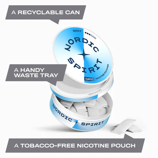 Open Nordic Spirit Mint can showing white nicotine pouches, recyclable can and built-in waste tray