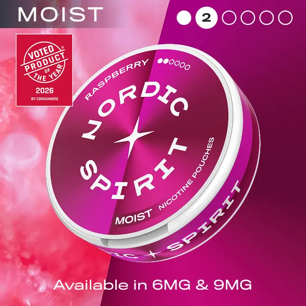 Nordic Spirit Raspberry Moist nicotine pouches can, 2 dot Regular, available in 6mg and 9mg