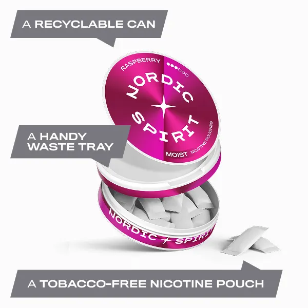 Open Nordic Spirit Raspberry can showing soft white Moist nicotine pouches and catch lid waste tray