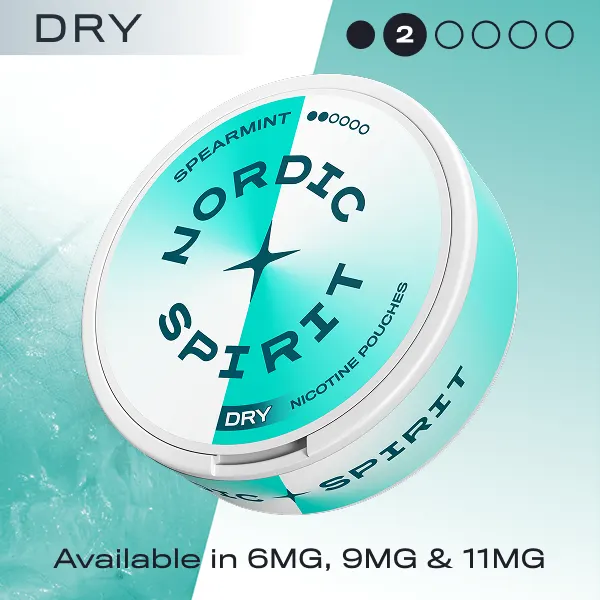 Nordic Spirit Spearmint Dry nicotine pouches can showing the 2 dot strength scale, available in 6mg, 9mg and 11mg