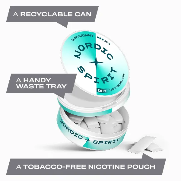 Open can of Nordic Spirit Spearmint nicotine pouches showing the recyclable can and built-in waste tray