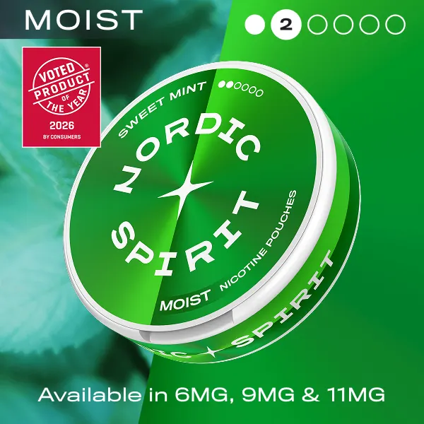 Nordic Spirit Sweet Mint Moist nicotine pouches can with 2 dot strength scale, available in 6mg, 9mg and 11mg