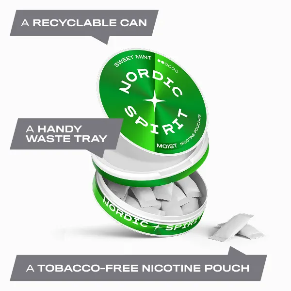 Open Nordic Spirit Sweet Mint can showing soft white nicotine pouches, recyclable can and waste tray