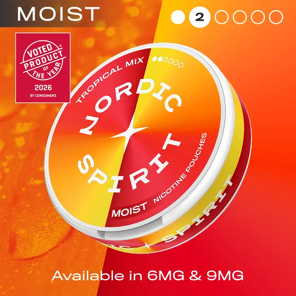 Nordic Spirit Tropical Mix Moist nicotine pouches can, 2 dot Regular, available in 6mg and 9mg