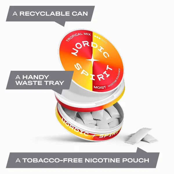 Open Nordic Spirit Tropical Mix can showing soft white Moist nicotine pouches and catch lid waste tray