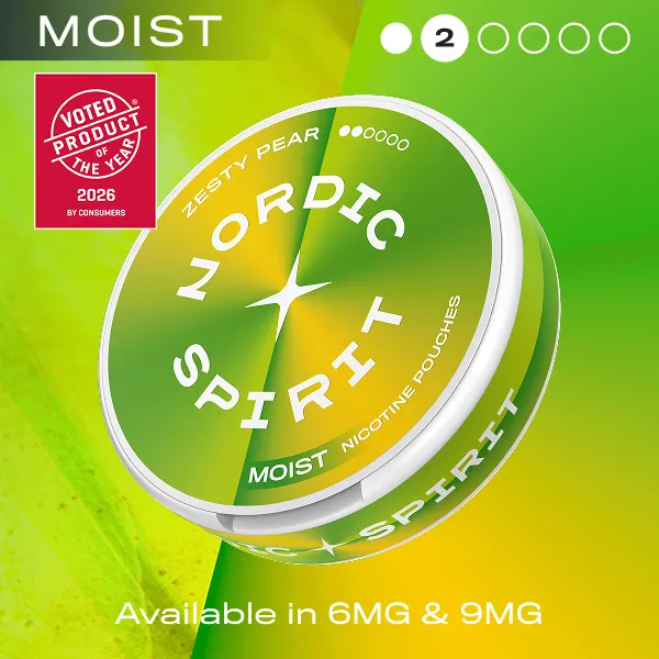 Nordic Spirit Zesty Pear Moist nicotine pouches can, 2 dot Regular, available in 6mg and 9mg