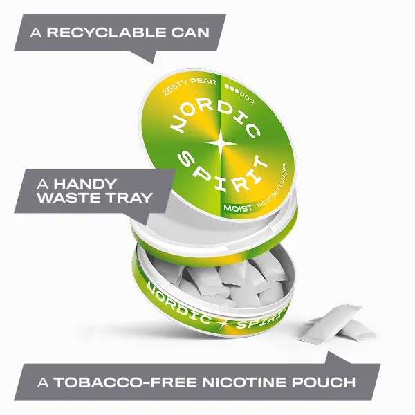 Open Nordic Spirit Zesty Pear can showing soft white Moist nicotine pouches and catch lid waste tray