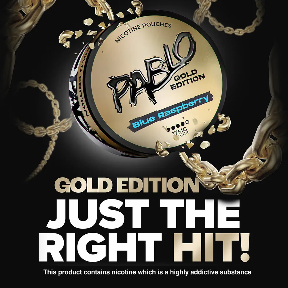 Official Pablo Gold Edition campaign artwork: Blue Raspberry 17mg can amid shattering gold chains with the Just The Right Hit slogan