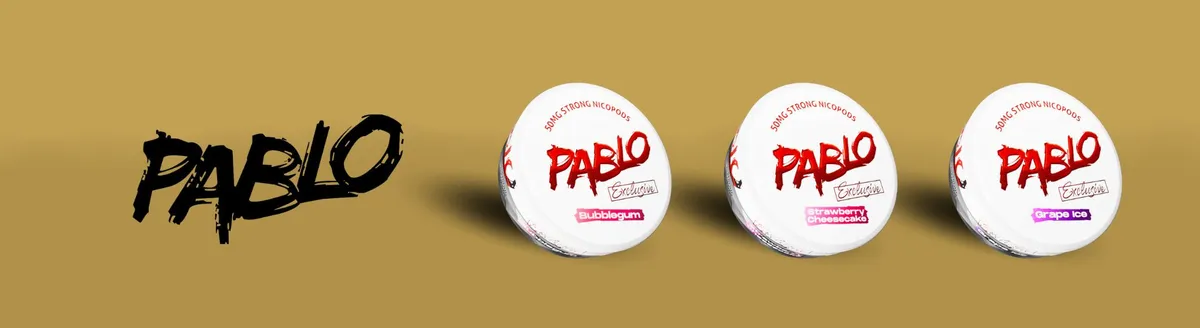 Pablo Exclusive nicotine pouches in Bubblegum, Strawberry Cheesecake and Grape Ice, official 50mg/g Exclusive banner