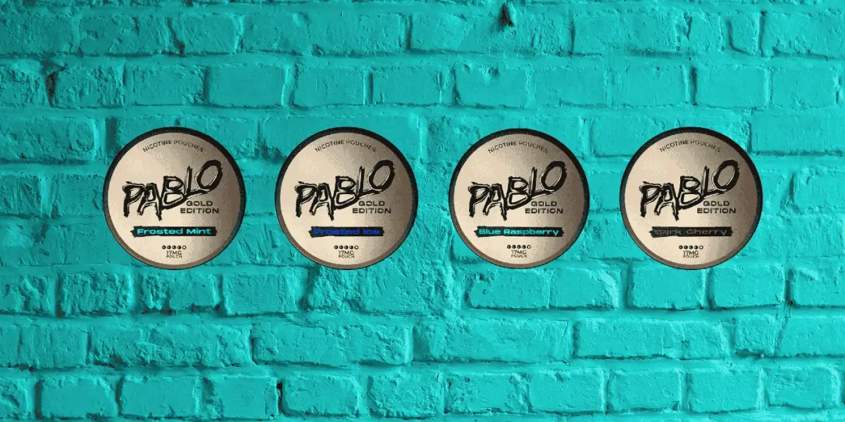 Pablo Gold Edition nicotine pouches in Frosted Mint, Frosted Ice, Blue Raspberry and Dark Cherry, 17mg per pouch