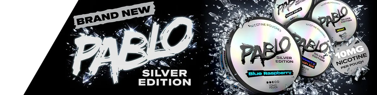 Pablo Silver Edition nicotine pouches in Blue Raspberry, Cold Mint and Kiwi, 10mg per pouch