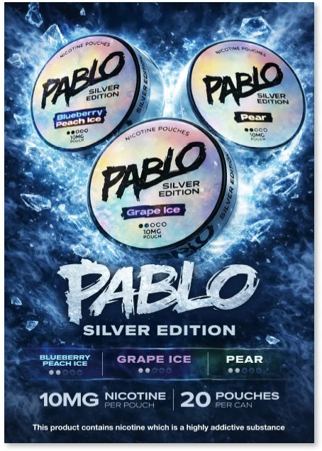 Pablo Silver Edition ice poster showing Blueberry Peach Ice, Pear and Grape Ice cans with 10mg per pouch and 20 pouches per can