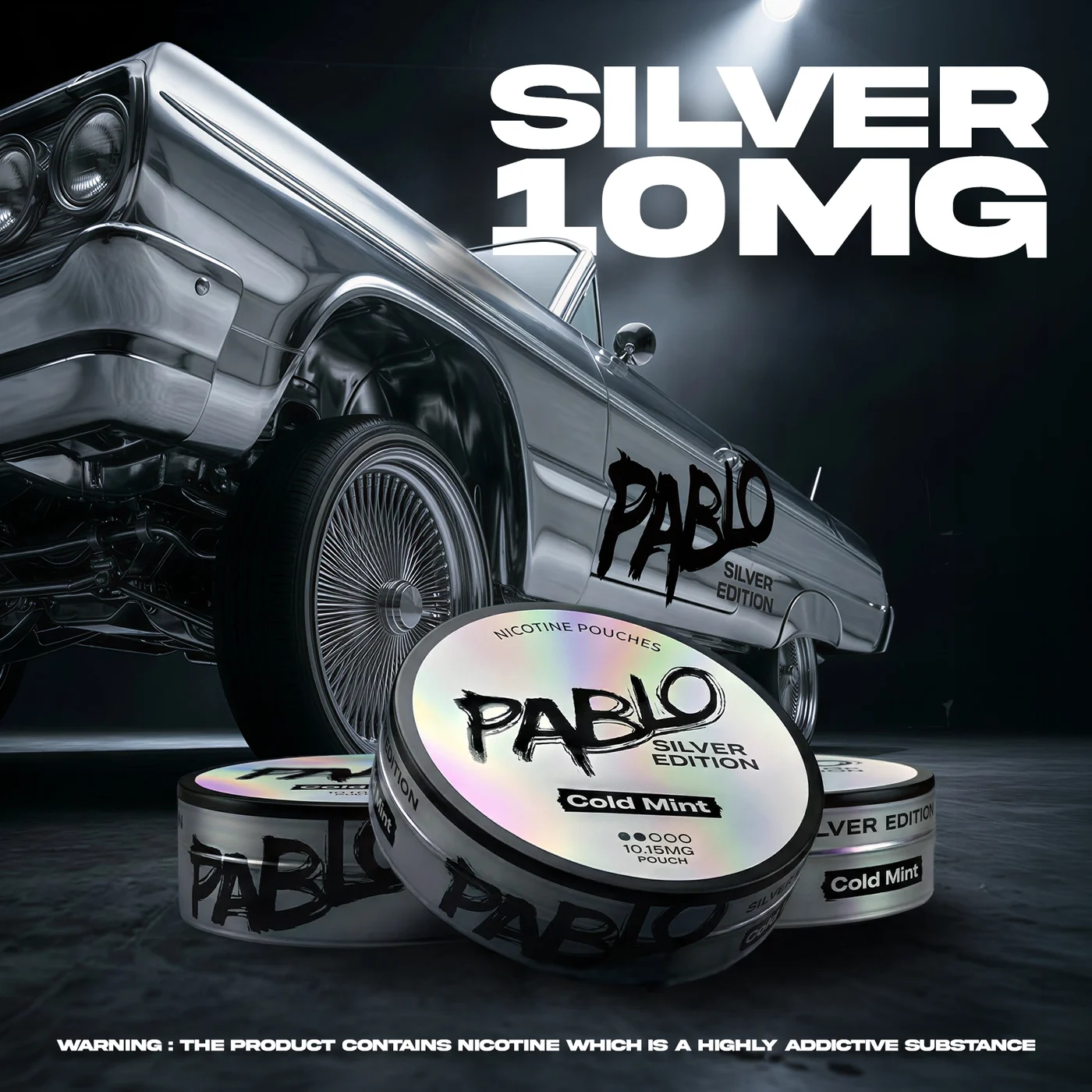 Official Pablo Silver Edition launch banner: chrome lowrider with Silver Edition livery behind three holographic 10mg Cold Mint cans