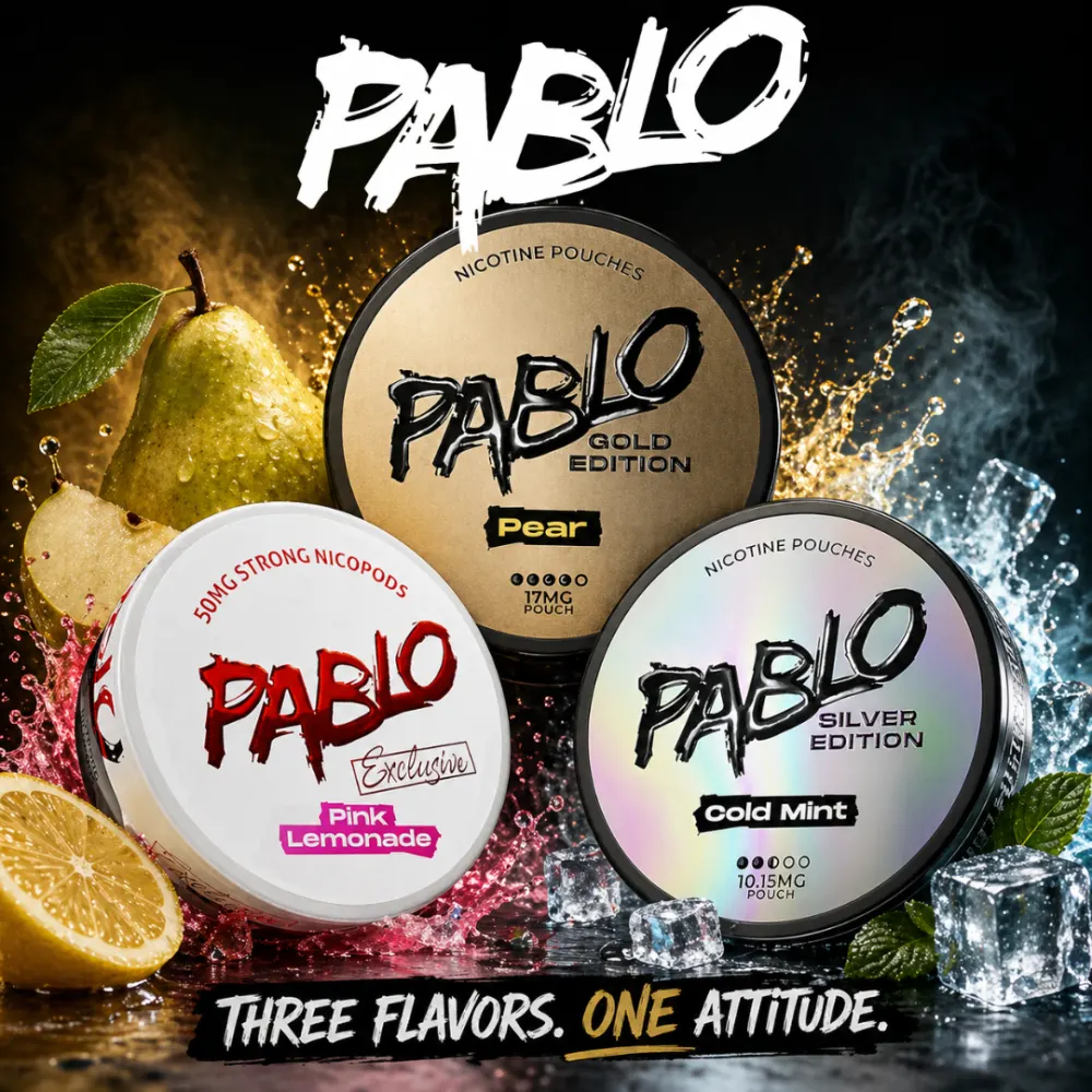 Pablo Gold Edition Pear, Exclusive Pink Lemonade and Silver Edition Cold Mint cans together showing the three Pablo lines