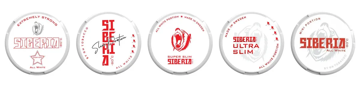 The five official Siberia All White nicotine pouch lids in a row: Original marked Extremely Strong, Slim, Super Slim, Ultra Slim and Mini, all tobacco-free at 33mg per gram
