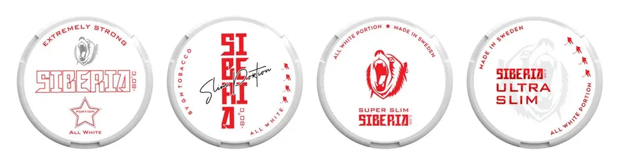 Official Siberia All White nicotine pouch cans: Original marked Extremely Strong, Slim and Super Slim above Ultra Slim and Mini, all tobacco-free