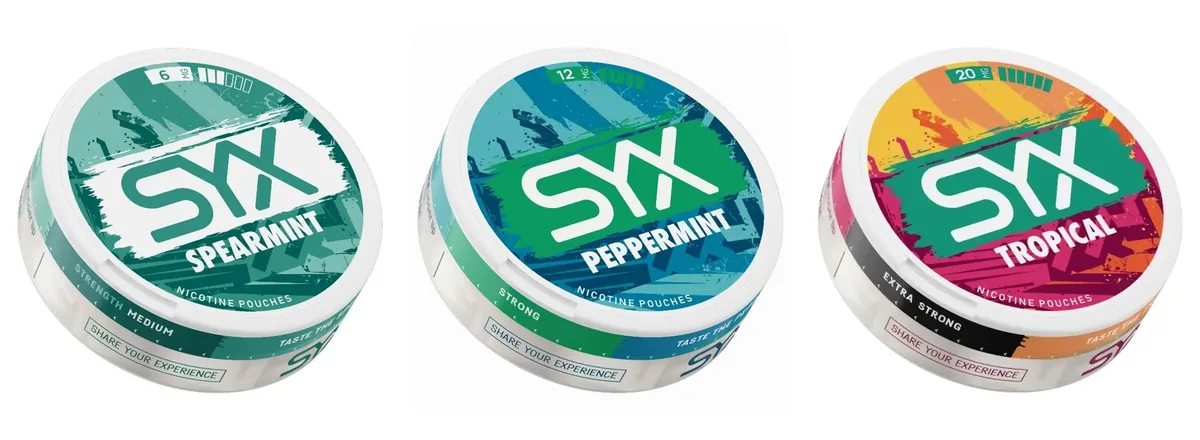Three official SYX nicotine pouch cans: Spearmint 6mg marked Strength Medium, Peppermint 12mg marked Strong and Tropical 20mg marked Extra Strong, each with the milligrams per pouch and a bar gauge on the lid