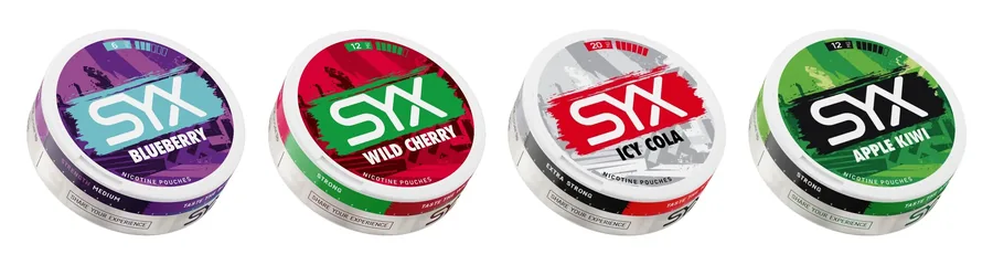 Official SYX nicotine pouch cans: Blueberry, Wild Cherry and Icy Cola above Apple Kiwi, Freeze and Cool Mint, each with the milligrams per pouch on the lid