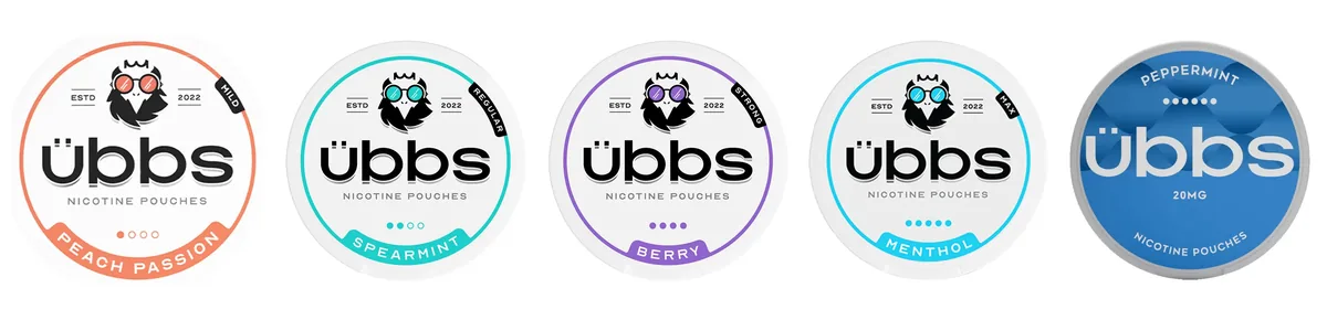 Five official UBBS nicotine pouch cans showing the strength ladder: Peach Passion Mild with one dot, Spearmint Regular with two, Berry Strong with four, Menthol Max with five and Peppermint 20mg with six